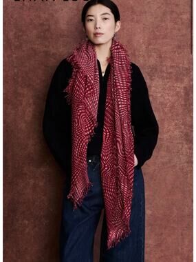 Chan Luu 100% Cashmere Scarf Red Warped Plaid Fringe Quiet Luxury